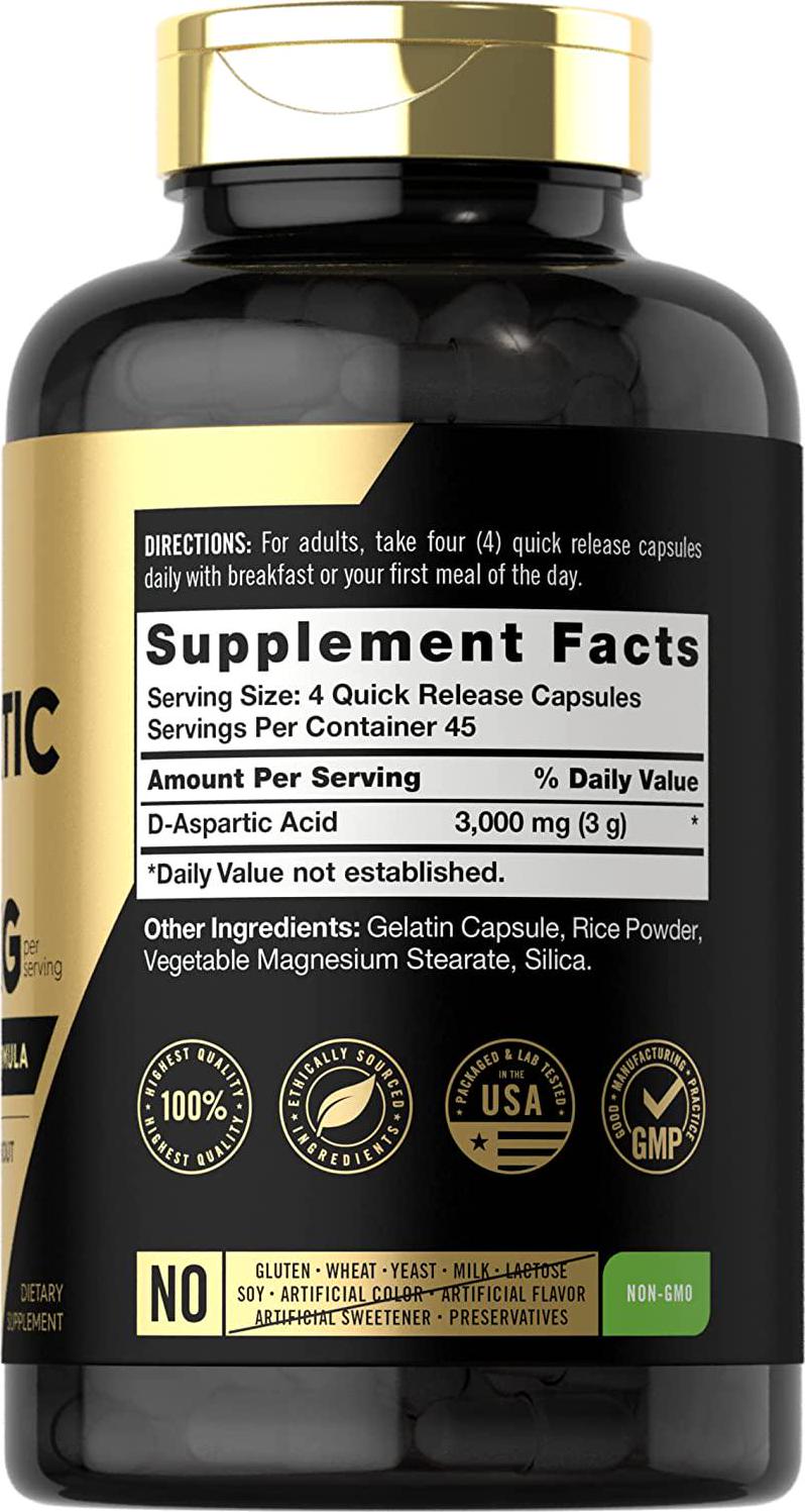 D Aspartic Acid Capsules (DAA) | 3000mg | 180 Count | Non-GMO, Gluten Free Supplement | Advanced Athlete Formula | by Carlyle