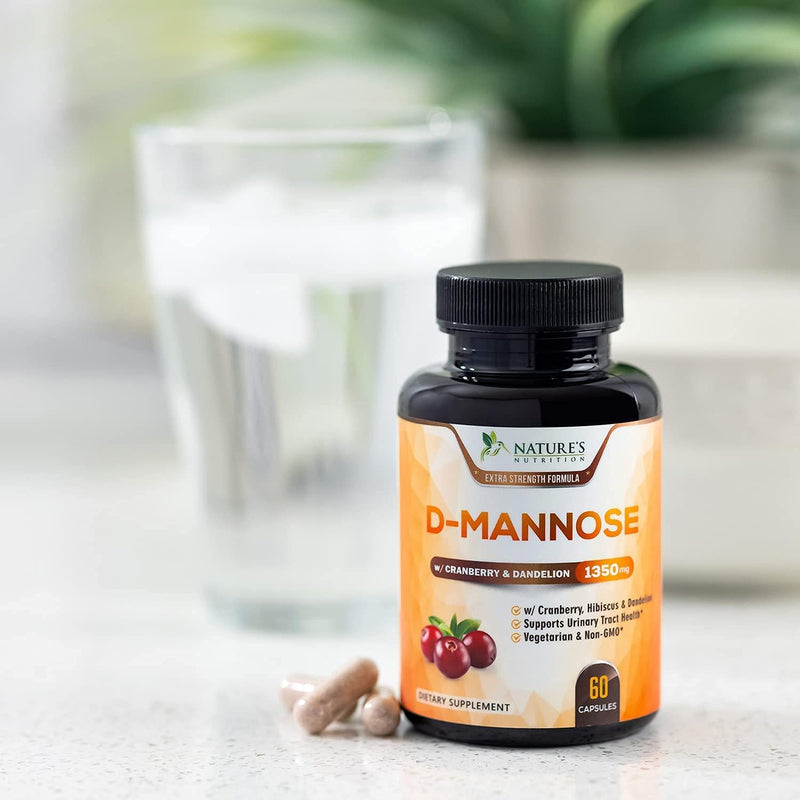 D-Mannose Capsules with Cranberry for UTI Support 1350mg - Extra Strength Urinary Tract Cleanse and Bladder Health, All-Natural Fast-Acting Pills w/Dandelion and Hibiscus - 60 Capsules