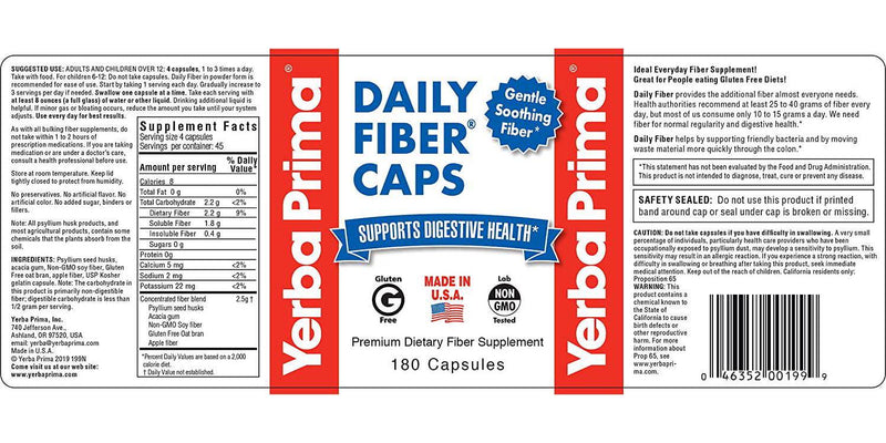 Daily Fiber Formula - 180 caps (Pack of 2) - Soluble and Insoluble Dietary Fiber Supplement - Colon Cleanse - Gut Health - Vegan, Non-GMO, Gluten-Free