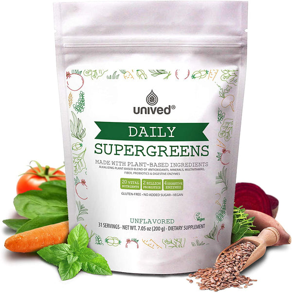 Daily Supergreens Powder, Plant-Based Superfood Blend of 20 Vital Nutrients, 2 Billion Probiotics, Digestive Enzymes, Iron and Fiber Rich, with Antioxidants, Vitamins and Minerals, Unflavored, 31 servings