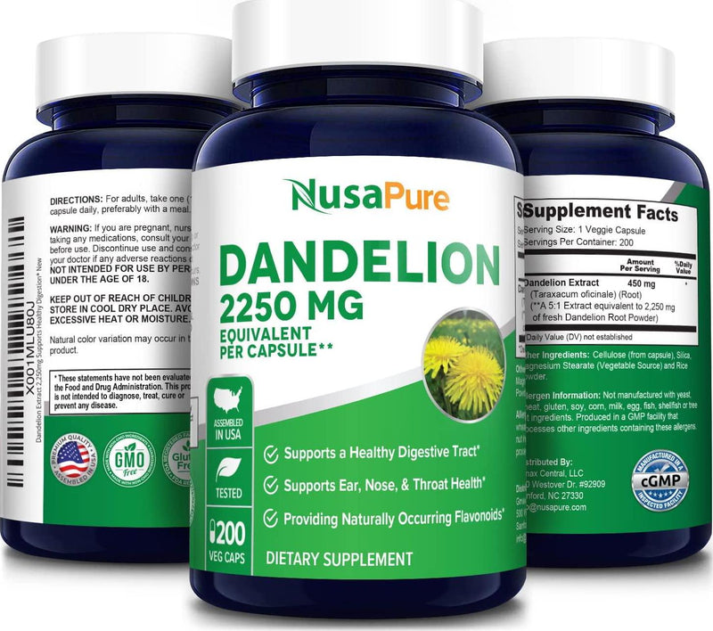 Dandelion Extract 2,250mg 200 Veggie Capsules (Non-GMO, Extract 5:1 and Gluten Free)