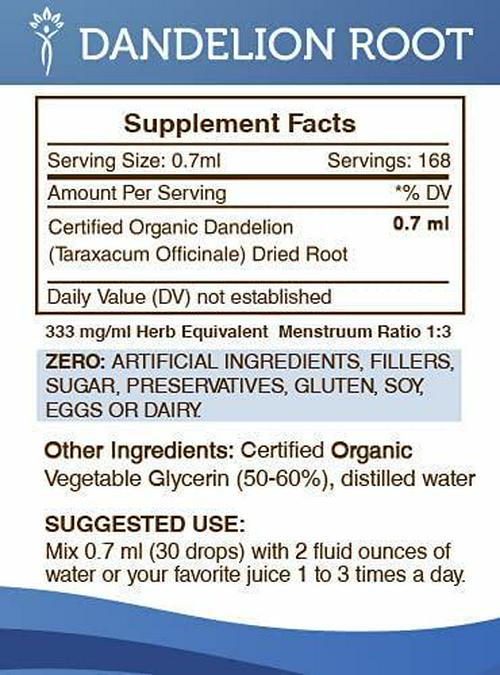 Dandelion Root Alcohol-Free Liquid Extract, Organic Dandelion (Taraxacum Officinale) Dried Root Tincture Supplement (2x4 FL OZ)