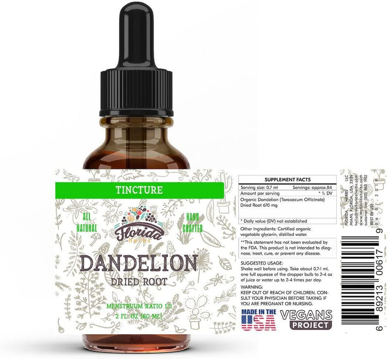Dandelion Root Tincture Organic Dandelion Extract (Taraxacum Officinale) Health Supplement, Non-GMO in Cold-Pressed Organic Vegetable Glycerin 2 oz, 685 mg