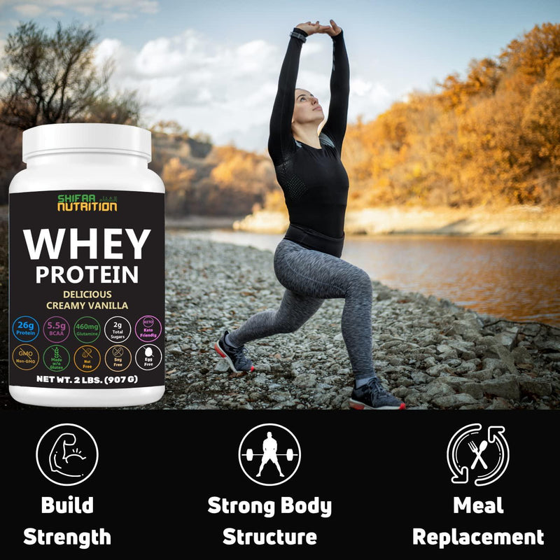 Delicious Creamy Vanilla Halal Whey Protein Powder 2Lbs | 26g Protein, 5500mg BCAAs, and 460mg Glutamine | for Recovery and Lean Muscles | Gluten-Free | Non-GMO | Keto-Friendly | by SHIFAA NUTRITION