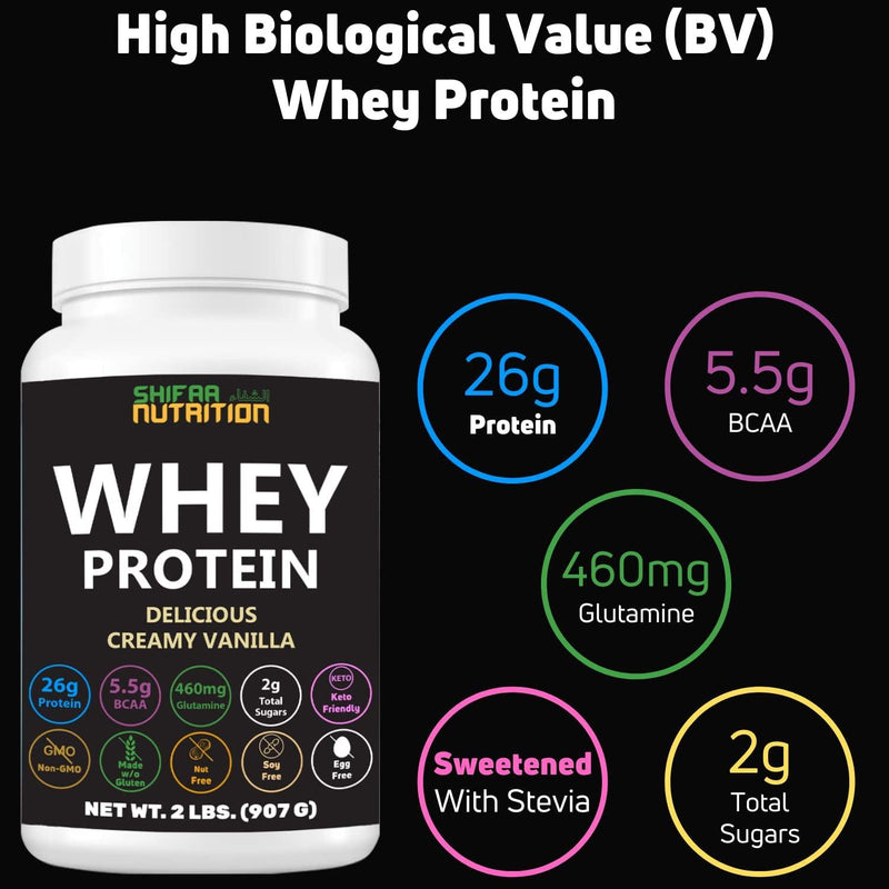 Delicious Creamy Vanilla Halal Whey Protein Powder 2Lbs | 26g Protein, 5500mg BCAAs, and 460mg Glutamine | for Recovery and Lean Muscles | Gluten-Free | Non-GMO | Keto-Friendly | by SHIFAA NUTRITION