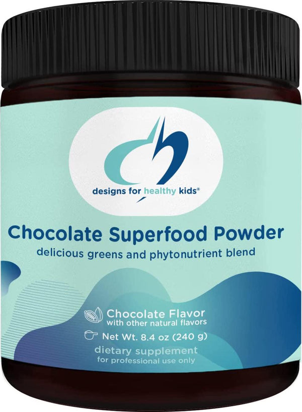 Designs For Health Kids Chocolate Superfood Powder - Blend of Organic Fruits, Vegetables, Greens and Fiber for Kids - Delicious Greens and Phytonutrient Blend Kids Shake (30 Servings / 240g)