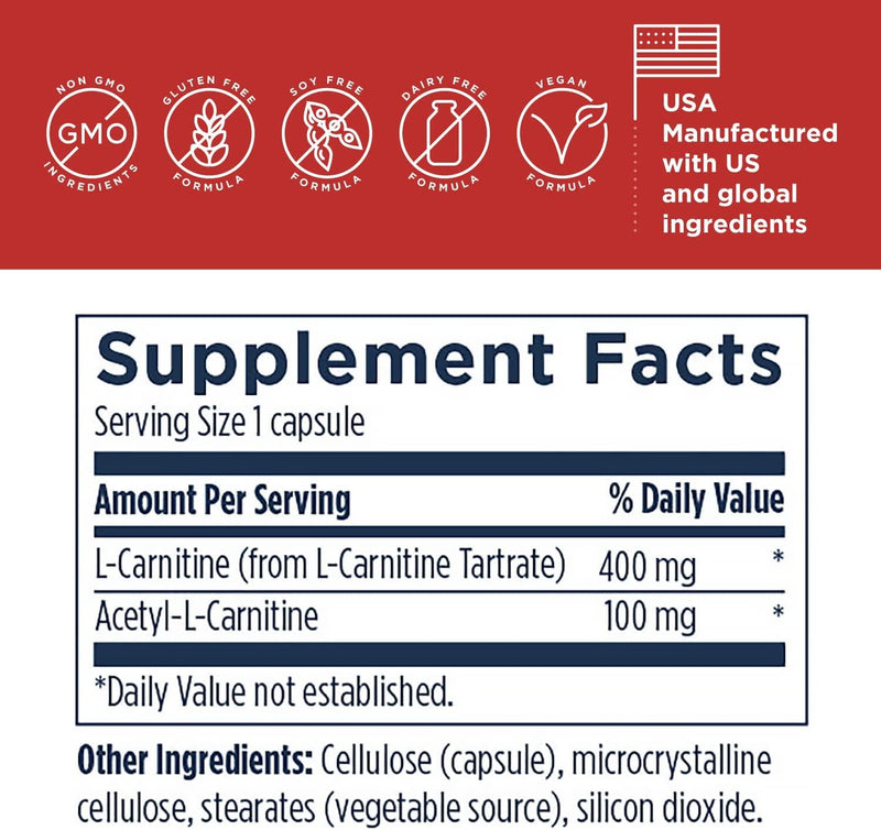 Designs for Health Carnitine Synergy - 400mg L-Carnitine (from Carnitine Tartrate) + 100mg Acetyl L-Carnitine Pills - Non-GMO + Vegetarian Supplement (120 Capsules)