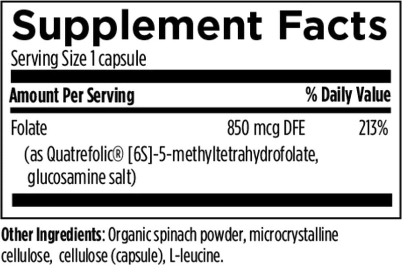 Designs for Health L-5-MTHF Folate, 500mcg (850mcg DFE) - Quatrefolic Active Vitamin B9 Methylfolate Supplement - None-GMO, Gluten Free (120 Capsules)