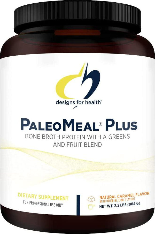 Designs for Health PaleoMeal Plus Powder - Meal Replacement Shake or Supplement - Bone Broth Protein Shake with Green Powder, Amino Acids, Nutrients - Caramel Flavor Drink (30 Servings / 984g)