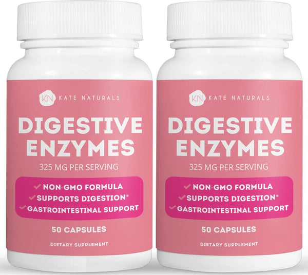 Digestive Enzymes (2 Pack) - Kate Natural. Ideal for Fighting Bloating and Acid Reflux. Digestion Support. 325mg Per Serving. (2 Pack - 100 Capsules Total).