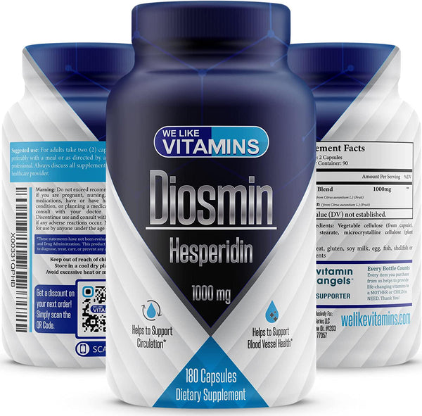 Diosmin Hesperidin 1000mg Per Serving 180 Capsules 90 Day Supply - Diosmin and Hesperidin Supplement Helps to Support Healthy Circulation, Veins, Capillaries, and Lymphatic Drainage