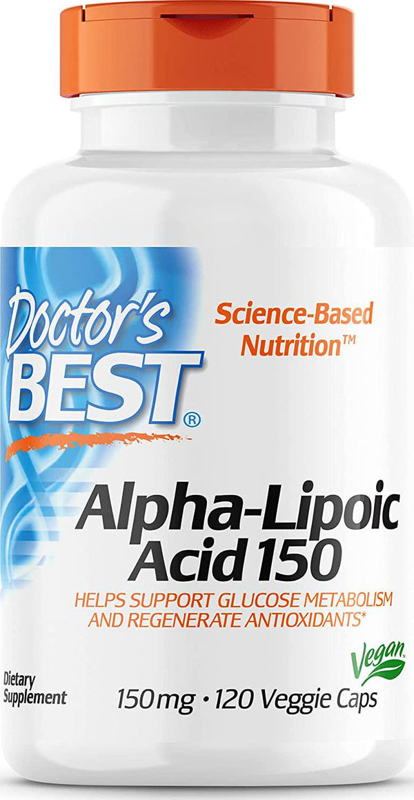 Doctor&#039;s Best Alpha-Lipoic Acid, Non-GMO, Vegan, Gluten Free, Soy Free, Promotes Healthy Blood Sugar, 150 mg 120 Veggie Caps