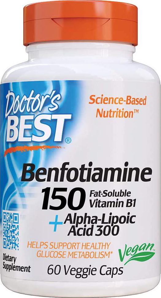 Doctor&#039;s Best Benfotiamine 150 + Alpha-Lipoic Acid 300 with BenfoPure, Non-GMO, Vegan, Gluten Free, Promotes Healthy Blood Sugar, 60 Veggie Caps