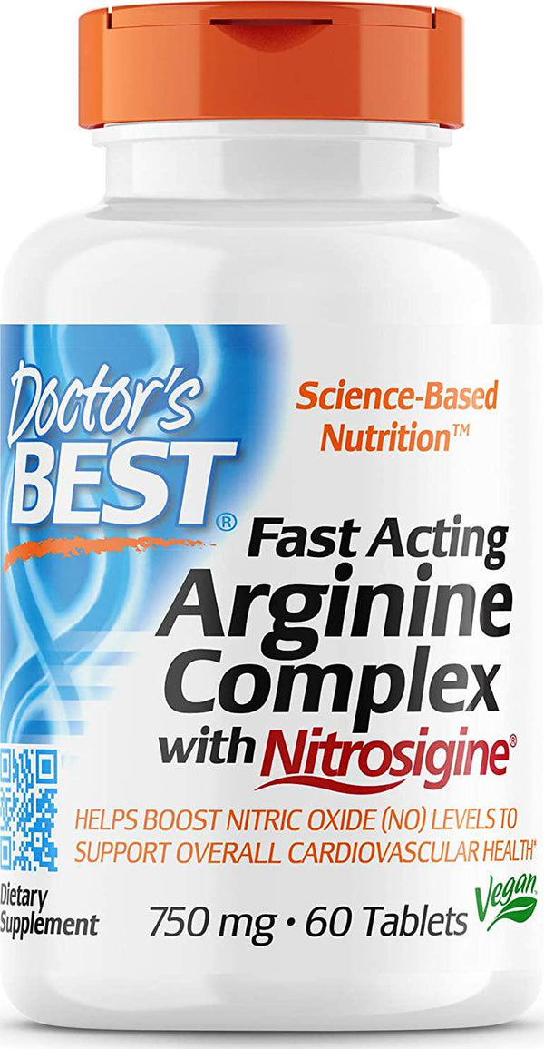 Doctor&#039;s Best Fast Acting Arginine Complex w/Nitrosigine, Boost Nitric Oxide, Blood Flow and Vessel Flexibility, Non-GMO, Vegan, Gluten Free, 750mg, White (DRB-00406)