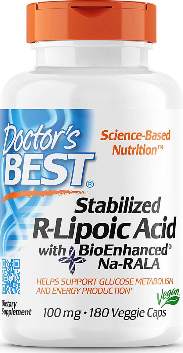 Doctor&#039;s Best Stabilized R-Lipoic Acid with BioEnhanced Na-RALA, Non-GMO, Gluten Free, Vegan, Helps Maintain Blood Sugar Levels, 100 mg, 180 Count