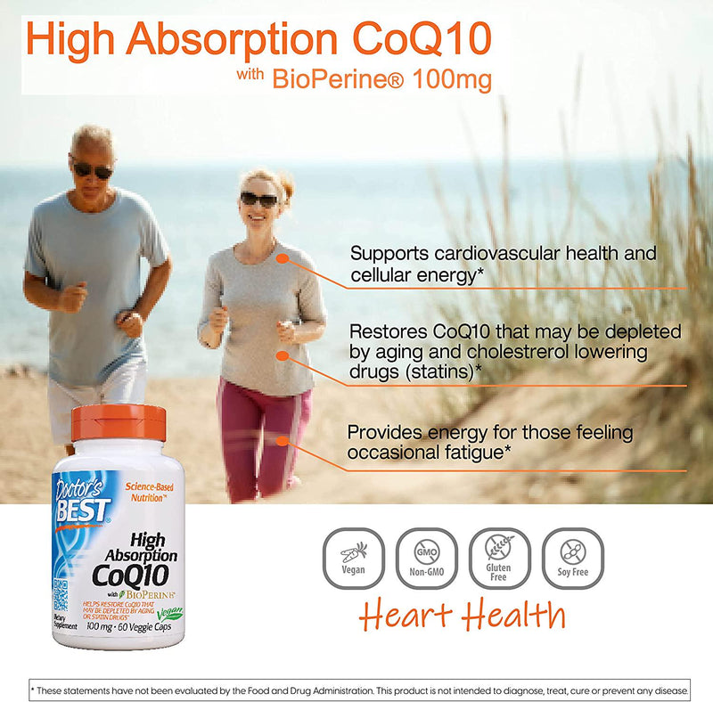 Doctor's Best High Absorption CoQ10 with BioPerine, Vegan, Gluten Free, Naturally Fermented, Heart Health and Energy Production, 100 mg 60 Veggie Caps