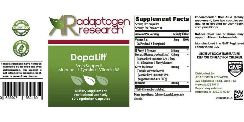 DopaLift | Natural Production of Dopamine | Brain Support with Mucuna Pruriens, L-Tyrosine, Vitamin B6 | 60 Vegetarian Capsules | Adaptogen Research