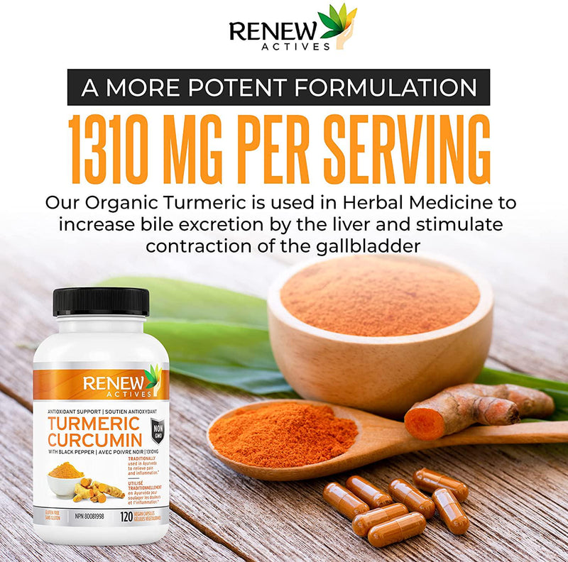 Double Strength Organic Turmeric + Black Pepper: Renew Actives 1310mg Turmeric Curcumin Supplement. Powerful Joint Support