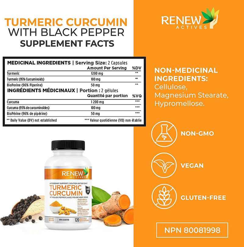 Double Strength Organic Turmeric + Black Pepper: Renew Actives 1310mg Turmeric Curcumin Supplement. Powerful Joint Support