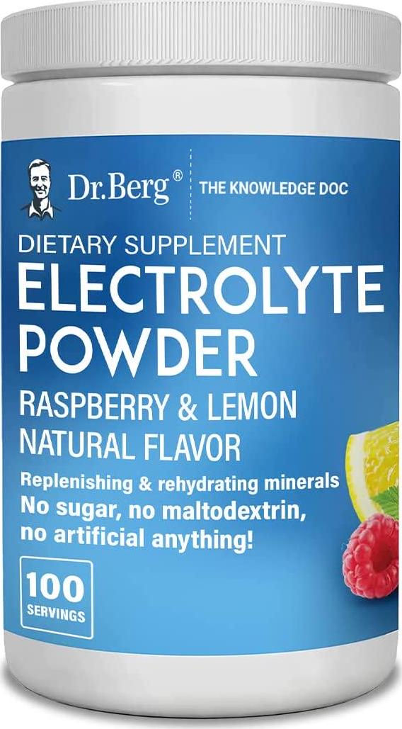 Dr. Berg&#039;s Electrolyte Powder, Raspberry and Lemon Natural Flavor - Hydration Drink Mix Supplement w/ 13x Potassium - Boost Energy and Keto Friendly - NO Maltodextrin Sugar and Carb Free - 100 Servings
