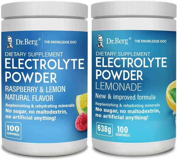 Dr. Berg&#039;s Electrolyte Powder 100 Servings Bundle - Raspberry Lemon and Lemonade Natural Flavors - Hydration Drink Mix Supplement Rejuvenate Your Cells Boost Energy and Keto Friendly - No Ingredients from