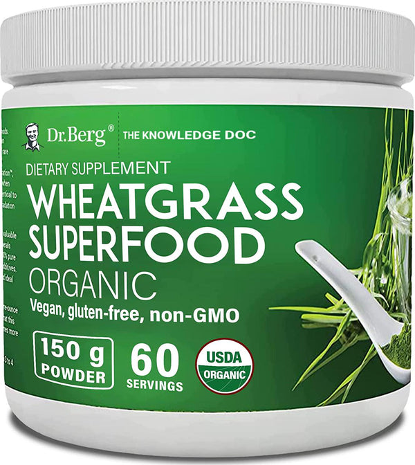 Dr. Berg&#039;s Wheat Grass Superfood Powder - Raw Juice Organic Ultra-Concentrated Rich in Vitamins and Nutrients - Chlorophyll and Trace Minerals - 60 Servings - Gluten-Free Non-GMO - 5.3 oz (1 Pack)
