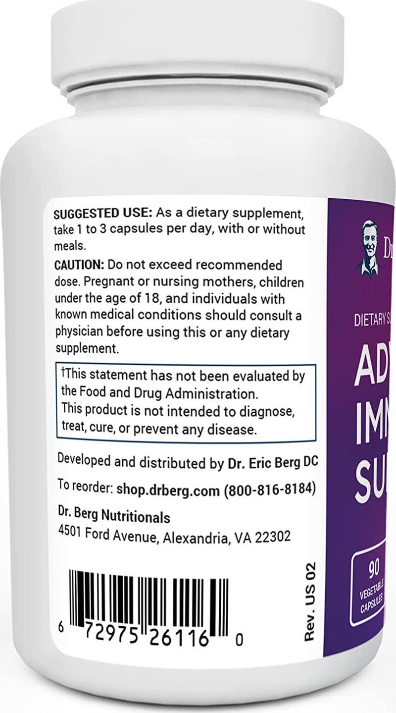 Dr. Berg's Advanced Immune Support - Daily Immunity Multi-System Defense Supplement with Vitamins C, D, Zinc, and Elderberry, 90 Vegetarian Capsules