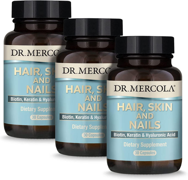 Dr. Mercola Hair, Skin and Nails (3 Pack) 30 Capsules (30 Servings), with Biotin, Solubilized Keratin, and Low Density Hyaluronic Acid, Non GMO, Gluten Free, Soy Free