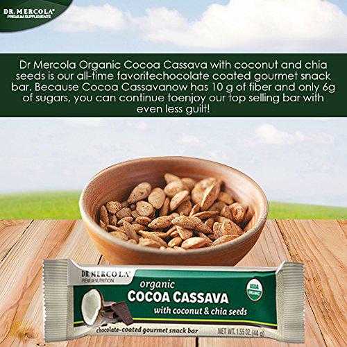 Dr. Mercola, Organic Cocoa Cassava with Coconut and Chia Seeds, 1 Box (12 Bars), Chocolate-Coated Gourmet Snack Bar, Non GMO, Soy Free, Gluten Free, USDA Organic