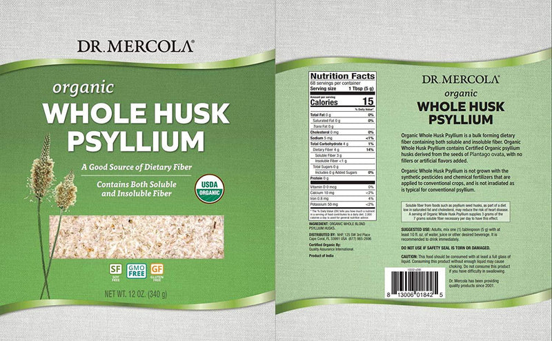 Dr. Mercola Organic Whole Husk Psyllium, 68 Servings(12 oz.), Non GMO, Gluten Free, Soy Free, USDA Organic