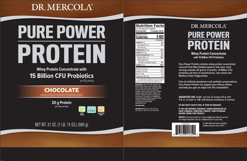 Dr. Mercola Pure Power Whey Gusset, Chocolate, 22 Servings (1 lb 15 oz), Non GMO, Gluten Free, Soy Free
