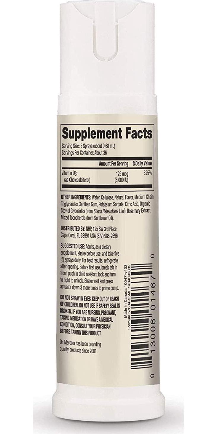 Dr. Mercola Sunshine Mist Vitamin D3 Spray (5000 IU) Dietary Supplement, 0.85 FL. oz. (25 mL)(36 Servings), Supports Heart and Immune Health, Non GMO, Soy Free, Gluten Free