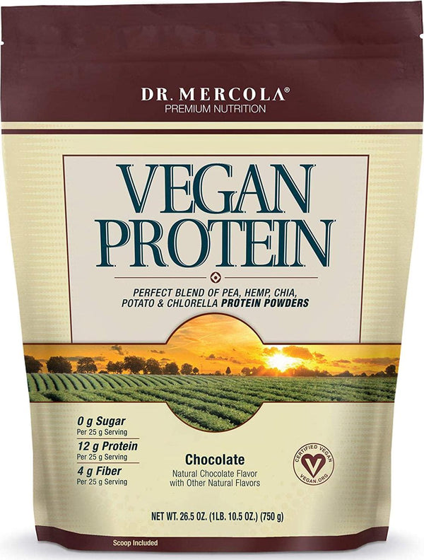 Dr. Mercola Vegan Protein Chocolate - Perfect Blend Of Pea, Hemp, Chia, Chlorella and Potato Proteins - Gluten-Free - Naturally Flavored - 1 lb 6.5 oz (750g)