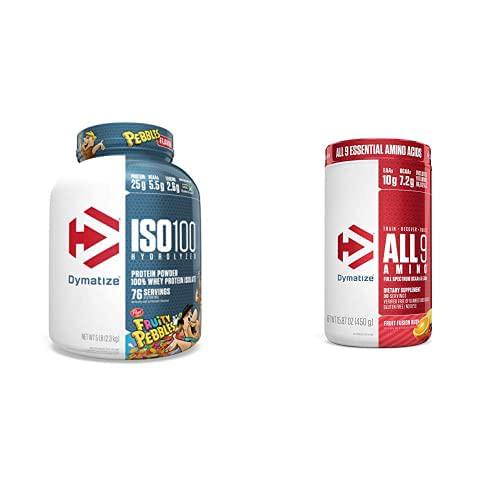 Dymatize ISO100 Hydrolyzed Protein Powder, 25g of 100% Whey Isolate Protein, Fruity Pebbles, 5 Pound + Dymatize All9 Amino, Full Spectrum Essential Amino Acids, Fruit Fusion Rush, 30 Servings