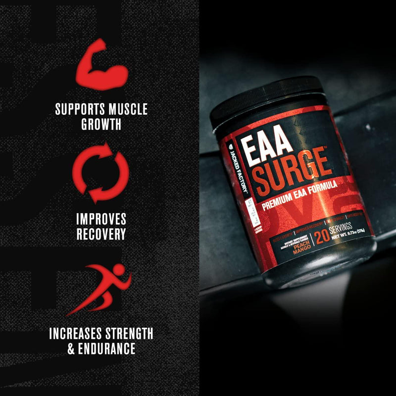 EAA Surge Premium EAA Supplement - 9 Essential Amino Acids Intra Workout Powder w/L-Citrulline, Taurine, and More for Muscle Building, Strength, Pumps, Endurance, Recovery - Peach Mango, 20sv