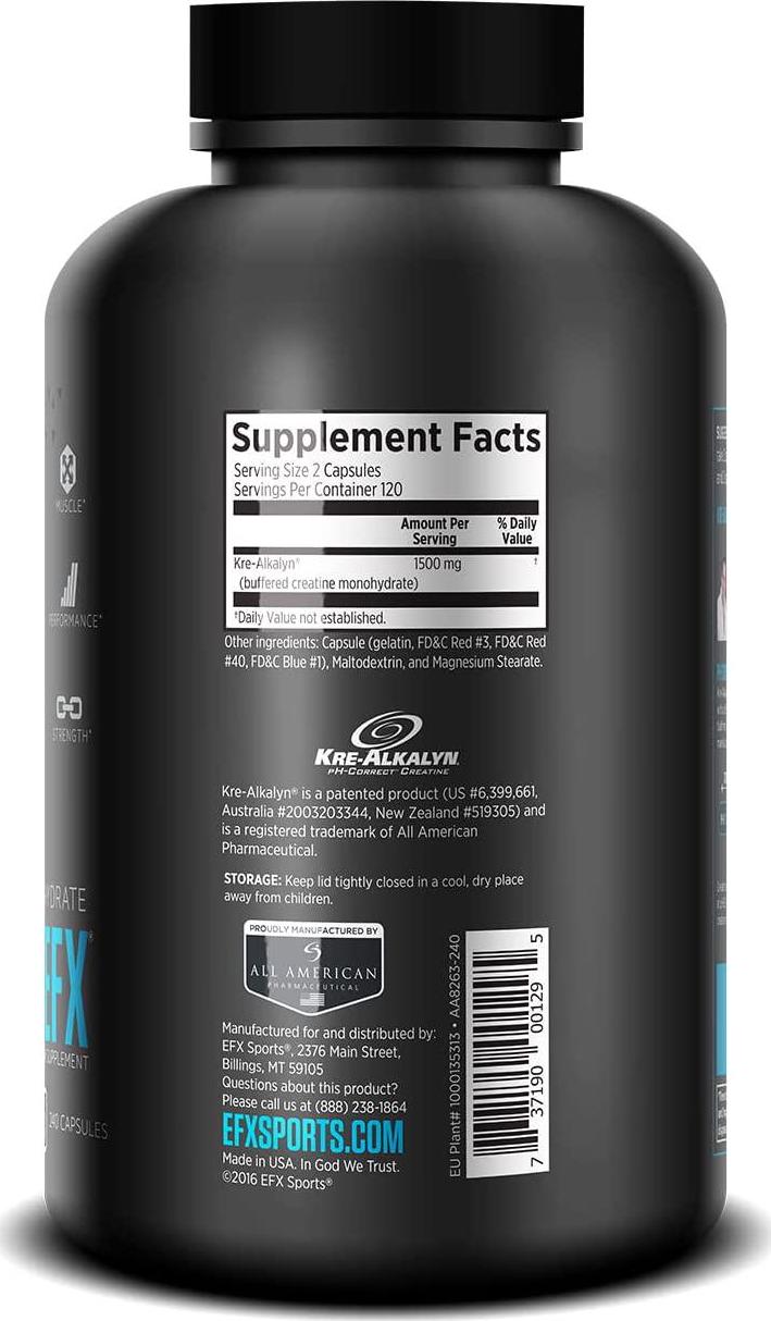 EFX Sports Kre-Alkalyn | PH-Correct Creatine Monohydrate | Multi-Patented Formula, Gain Strength, Build Muscle and Enhance Performance - 240 Capsules / 120 Servings