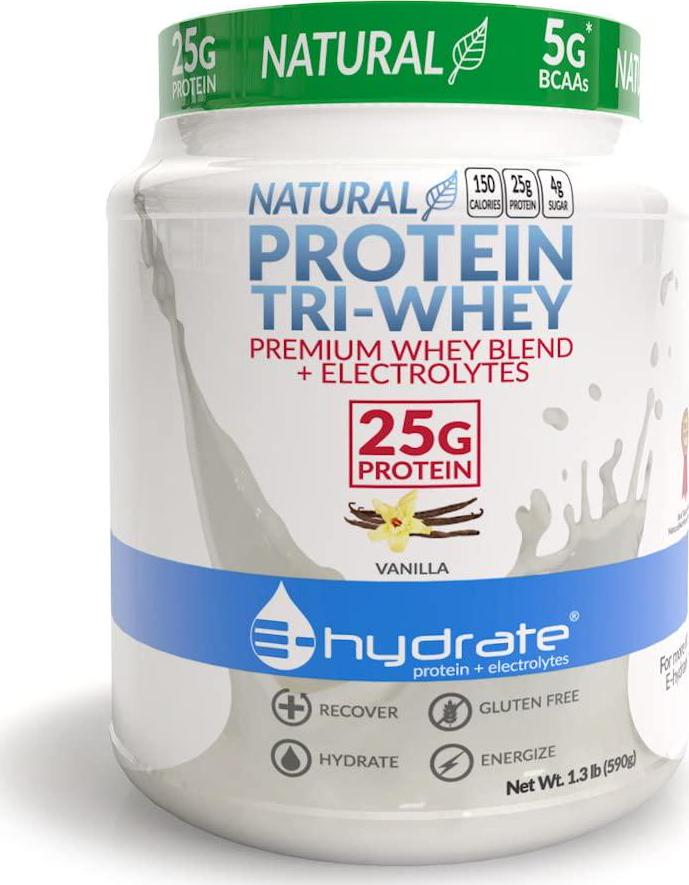 E-hydrate Tri-Whey Protein Powder Gluten Free BCAA + Electrolytes Hydrate Recover, Vanilla, 1.3lb Tub