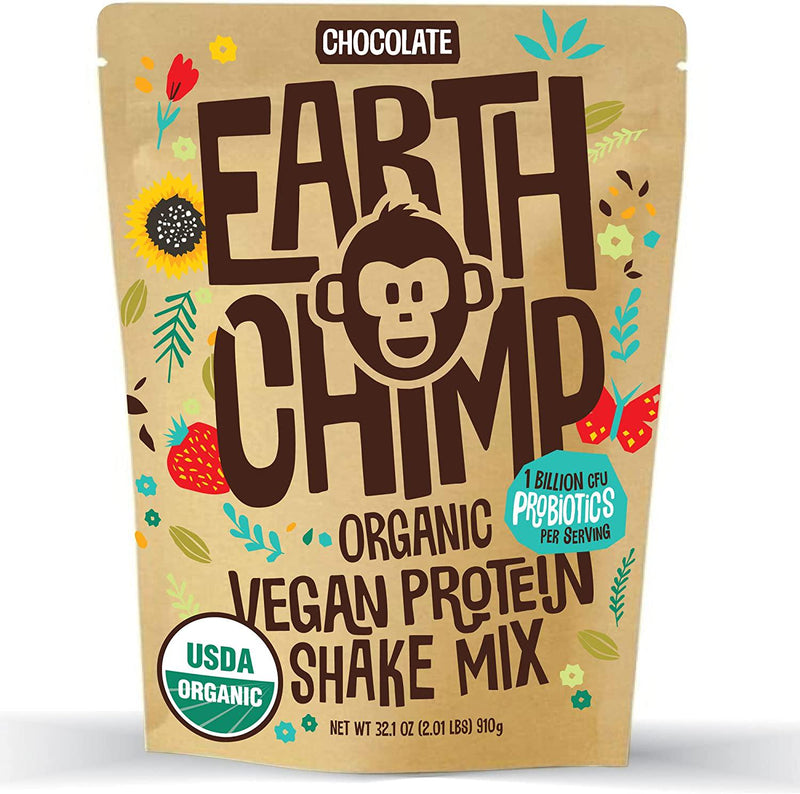 EarthChimp Organic Vegan Protein Powder (26 Servings, 32 Oz) with Probiotics, Organic Fruits and Plant Based Protein Powder, Dairy Free, Gluten Free, Gum Free, Lactose Free, Non GMO, (Chocolate)