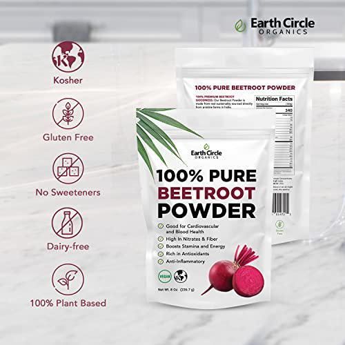 Earth Circle Organics | Organic Beet Root Powder, Kosher, Raw and Non-GMO | Nitric Oxide Booster | Boost Stamina and Increases Energy (8 Ounce)