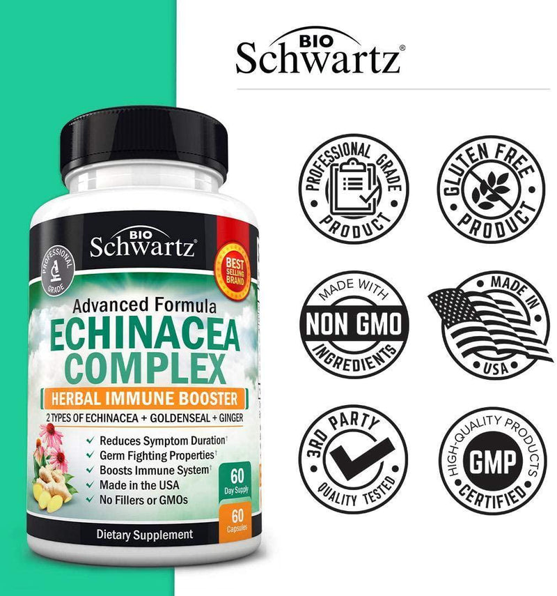 Echinacea Complex with Goldenseal - Herbal Supplement with Goldenseal, Ginger, 2 Types of Echinacea - Reduces Symptom Duration - Powerful Seasonal Support - 60 Capsules