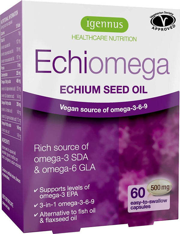 Echiomega Vegan Omega 3 6 9 1000 Mg, Echium Seed Oil, 60 Softgels