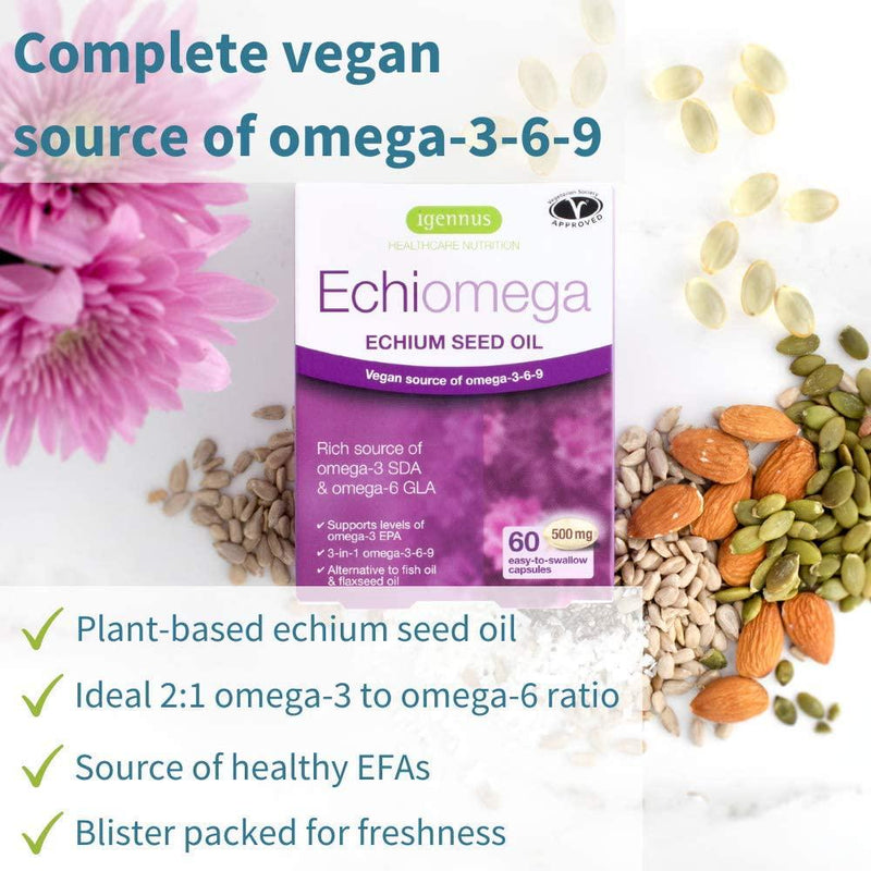 Echiomega Vegan Omega 3 6 9 1000 Mg, Echium Seed Oil, 60 Softgels