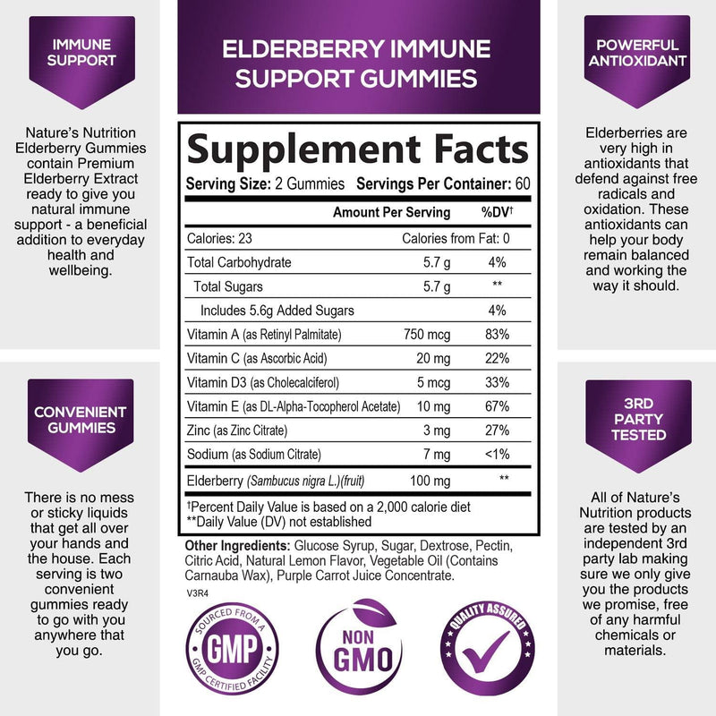 Elderberry Gummies Extra Strength Sambucus Gummy - Natural Immune System Support - Best Supplement with Vitamin C and Zinc for Children and Adults - 120 Gummies