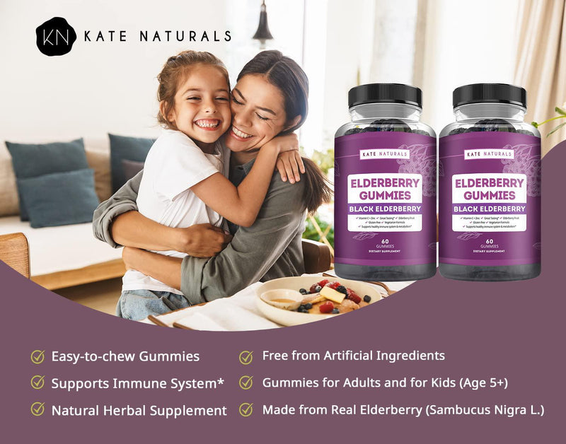 Elderberry Gummies for Adults - Kate Naturals. Perfect for Immune System Support and Metabolism. Raspberry Flavor. Has Vitamin C and Zinc. Sambucus Nigra. Tasty Vitamins Alternatives. (2 Pack)