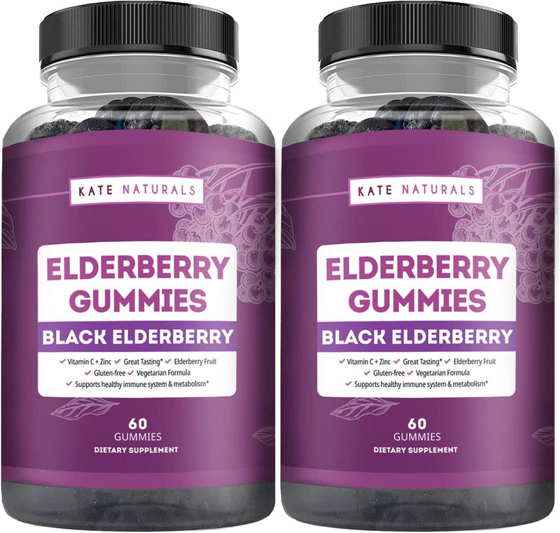 Elderberry Gummies for Adults - Kate Naturals. Perfect for Immune System Support and Metabolism. Raspberry Flavor. Has Vitamin C and Zinc. Sambucus Nigra. Tasty Vitamins Alternatives. (2 Pack)