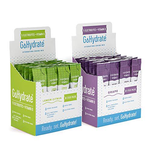 Electrolyte Hydration Drink Mix with Vitamin D, Non GMO Electrolyte Powder Hydration Pack, Lemon Citrus and Grapes Hydration Powder Packets - GoHydrate