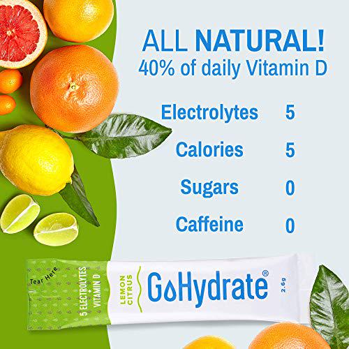 Electrolyte Hydration Drink Mix with Vitamin D, Non GMO Electrolyte Powder Hydration Pack, Lemon Citrus and Grapes Hydration Powder Packets - GoHydrate