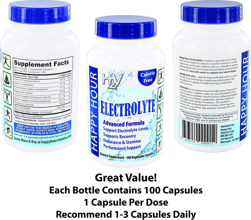 Electrolyte Pills Helping w/ Dehydration, Muscle cramping, Performance and Rapid Recovery. Vegetarian Capsules with Magnesium, Potassium, Sodium and Calcium Hydration Supplement by Happy Hour Vitamins