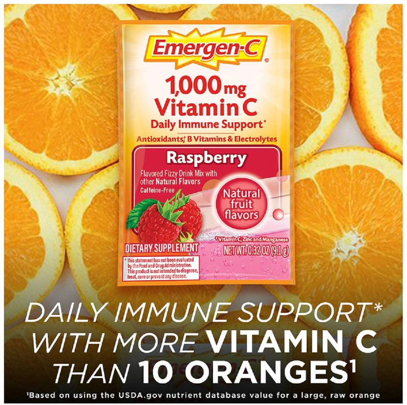 Emergen-C (30 Count, Raspberry Flavor, 1 Month Supply) Dietary Supplement Fizzy Drink Mix with 1000mg Vitamin C, 0.32 Ounce Powder Packets, Caffeine Free