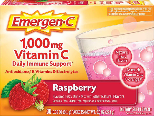 Emergen-C (30 Count, Raspberry Flavor, 1 Month Supply) Dietary Supplement Fizzy Drink Mix with 1000mg Vitamin C, 0.32 Ounce Powder Packets, Caffeine Free